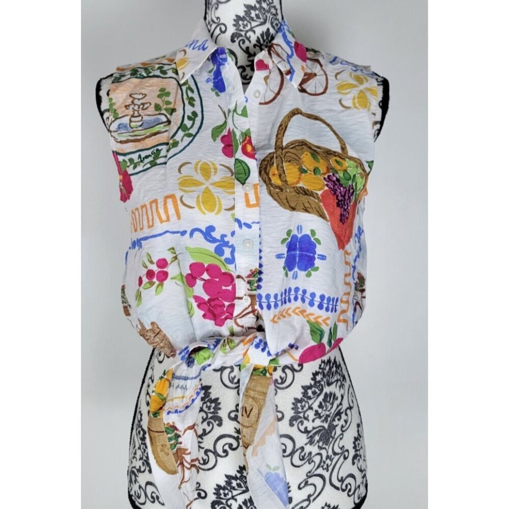 Rachel Zoe Printed Sleeveless Blouse XS Button Up Tie Waist Multicolor